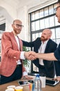 Business handshake at meeting or negotiation in the office. Partners are satisfied because signing contract or financial Royalty Free Stock Photo