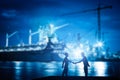 Business handshake in shipyard, shipbuilding company Royalty Free Stock Photo