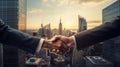 Business handshake. Successful partners shake hands. City downtown with skyscrapers background. AI Generated Royalty Free Stock Photo