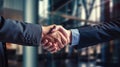 Business handshake, two corporate men shaking hands, making a deal in office Royalty Free Stock Photo