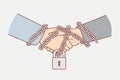 Business handshake between two partners with hands chained and locked, as sign of guaranteeing