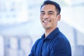 Business has been thriving under his leadership. Portrait of a confident young businessman standing in an office. Royalty Free Stock Photo