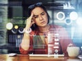 Business headache, stress and Asian woman gets a cyber security attack, virus or glitch. Anxiety, depressed portrait and