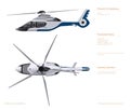 Business helicopter drawing. Top, side view of luxury copter. Isolated 3d blueprint. Private aviation. Modern vehicle