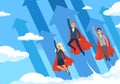 Business hero background. Flying managers power of superhero good teamwork successful people helping employees vector
