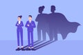 Business hero concept. Young business people standing confidently with superhero shadow. Leadership super hero in business. Royalty Free Stock Photo