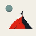 Business hero vector concept with woman on mountain top. Symbol of achievement, success. Minimal illustration. Royalty Free Stock Photo