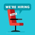 Business hiring and recruiting concept. We are hiring, banner concept, vacant position. Empty office chair with vacant sign Royalty Free Stock Photo