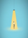 Business hiring and recruitment vector concept with businesswoman standing in bright yellow spotlight. Symbol of new
