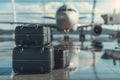 Business and holiday travel concepts with flight bookings and luggage at the airport, planning trips