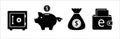 Business icon set. Money, saving, wealth and finance vector icons set. Contains symbol of vault, piggy bank, money bag, wallet Royalty Free Stock Photo