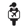 Business icon vector, female person with airplane symbol on board for travel in a glyph pictogram