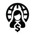 Business icon vector globe dollar sign currency money with female person profile avatar symbol for a network in a flat color glyph Royalty Free Stock Photo