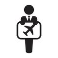 Business icon vector, male person with airplan symbol on board for travel in a glyph pictogram