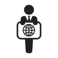 Business icon vector, male person with globe symbol on board for global solution in a glyph pictogram Royalty Free Stock Photo