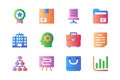 Business icons set in color flat design. Pack of achievement goal, success medal, parcel, office chair, file folder, building, Royalty Free Stock Photo