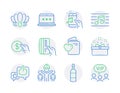 Business icons set. Included icon as Brandy bottle, Like, Present box signs. Vector