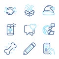 Business icons set. Included icon as Pencil, Handshake, Gift signs. Santa hat, Dog bone, Heart symbols. Vector