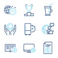 Business icons set. Included icon as Refrigerator timer, Employee hand, Technical info signs. Vector