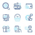 Business icons set. Included icon as Search employees, 24h service, Add gift signs. Vector