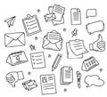 Business icons set. Letter, paper, envelope and letter, bubble cloud for text and paper sticker, hand gesture and Royalty Free Stock Photo
