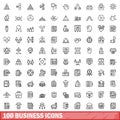 100 business icons set, outline style