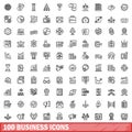 100 business icons set, outline style Royalty Free Stock Photo