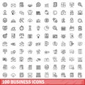 100 business icons set, outline style Royalty Free Stock Photo