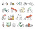 Business icons set of sketch working little people with gear, arrow.