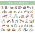 Business icons set of sketch working little people with money, teamwork.