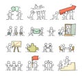 Business icons set of sketch working little people with puzzle, teamwork.