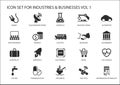 Business Icons And Symbols Of Various Industries / Business Sectors Like Financial Services Industry, Automotive, Life Sciences