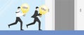 Business idea competition, contest, rivalry concept. A manager businessman and employee run to elevator with a light bulb