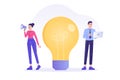 Business idea concept. Characters standing near big light bulb. Concept of generation of innovative ideas, creative thought, Royalty Free Stock Photo