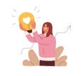 Business idea concept. Employee with lightbulb. Creative woman finding solution, answer at work with light bulb. Happy Royalty Free Stock Photo