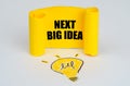 A light bulb is drawn on a white background, next to it is a yellow plate with the inscription - Next Big Idea Royalty Free Stock Photo