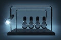 Business Idea Concept. Perpetual Motion Light Bulbs with One Glowing as Newtons Spheres Cradle. 3d Rendering