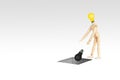 Wooden figure mannequin with yellow light bulb head throwing black light bulb in pothole.