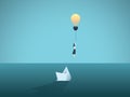 Business idea and creativity vector concept with businesswoman flying away from sinking paper boat. Symbol of innovation