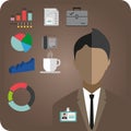 Business idea infographic with icons, person, phone, coffee and charts, flat design