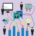 Business idea infographic with icons, persons, computer, pencil and badge, flat design