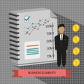 Business idea infographic with icons, persons, money, charts and papers, flat design Royalty Free Stock Photo