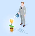 Business ideas growth concept. Business man with pot watering light bulb tree. Vector Isometric illustrations