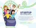 Business illustration with the company of happy people coming down from the roller coaster.