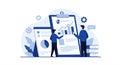 Business illustration featuring two men analyzing large data charts on clipboards.