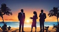 Silhouettes of successful business people working on meeting on a beach. Royalty Free Stock Photo