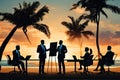 Silhouettes of successful business people working on meeting on a beach. Royalty Free Stock Photo