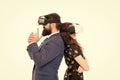Business implement modern technology. Couple colleagues wear hmd explore virtual reality. Business partners interact in