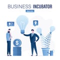 Business incubator banner. Businessman stands near ideas tree and gives lighbulb. Development of new startups and innovations