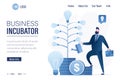 Business incubator landing page template. Businessman watering tree tree on which new ideas grow. Male investor grows plant